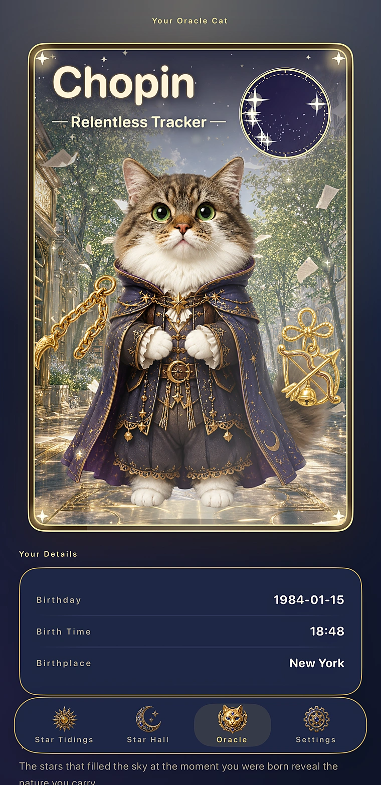 An actual screen from the app: your Felestian's card