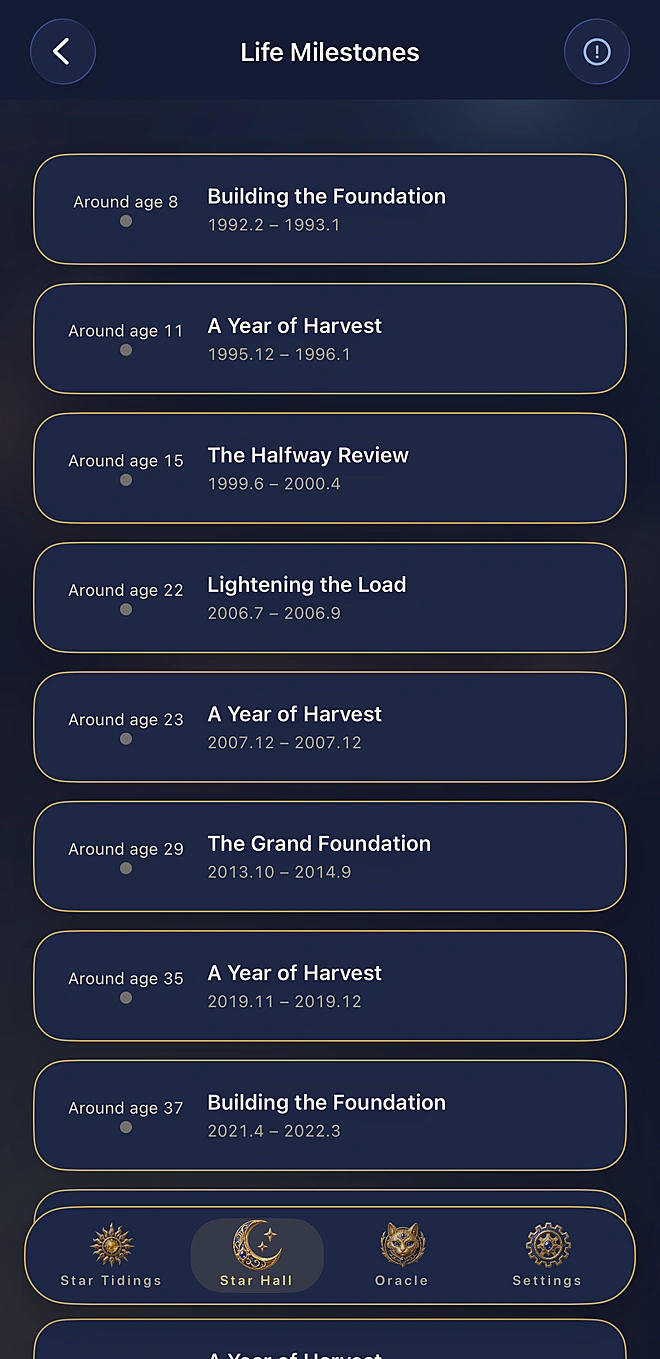 An actual screen from the app: life's milestones