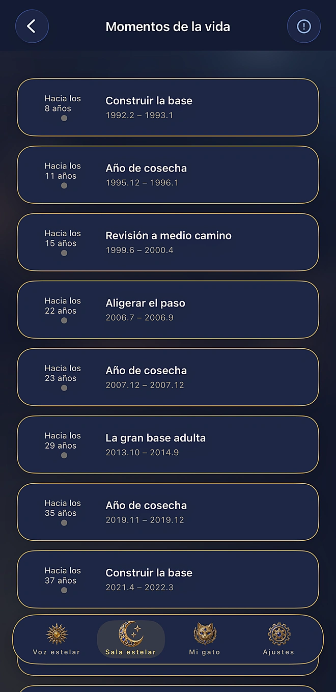 Pantalla real de la app: las etapas de la vida