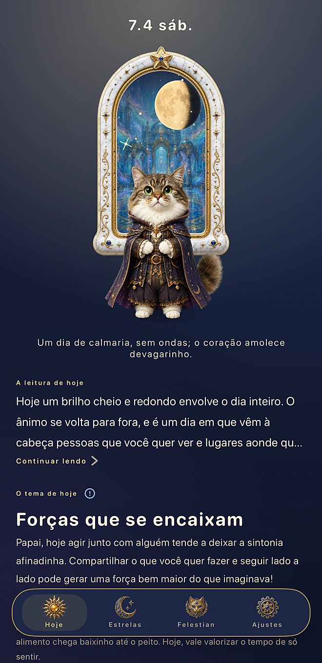 Tela real do app: a janela da tela inicial e a mensagem de hoje