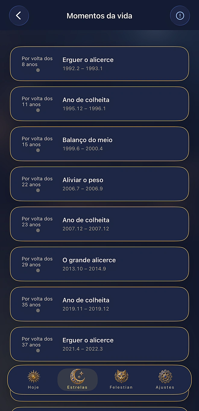 Tela real do app: os marcos da vida