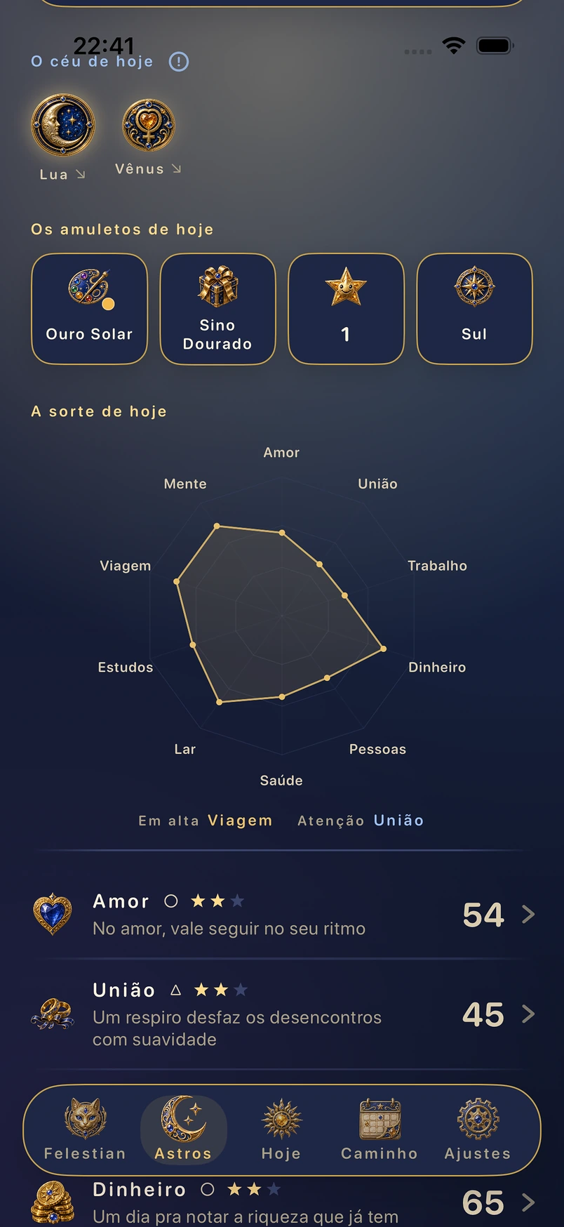 Tela real do app: Astros