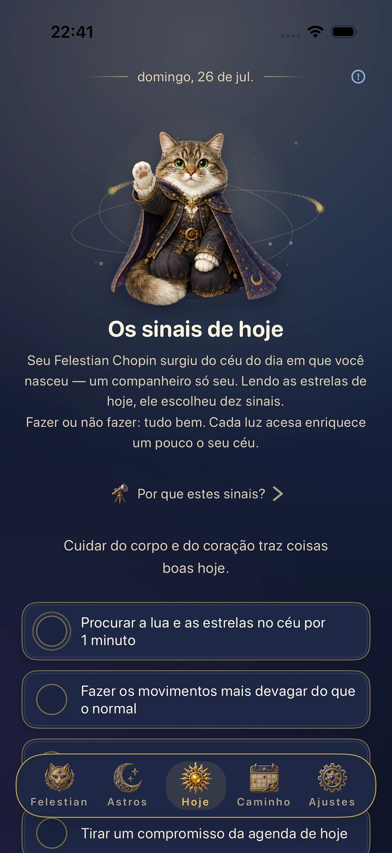 Tela real do app: os sinais de hoje