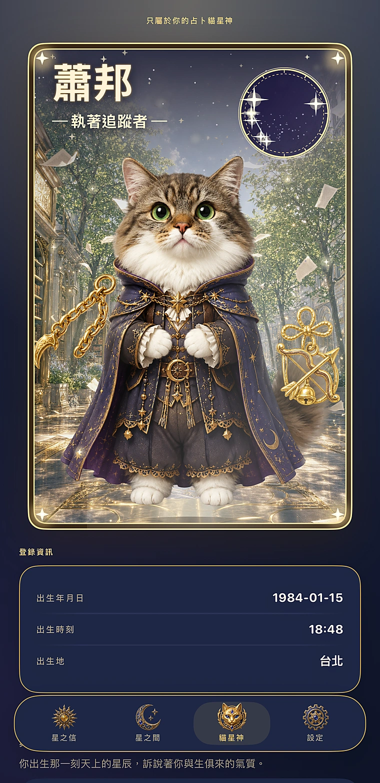 App 實際畫面：貓星神星卡